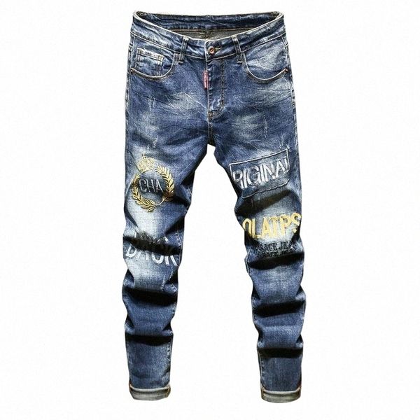 

men's jeans embroidery mens slim fit autumn and winter trendy stretch denim pants hip hop street style trousers e36j#, Blue