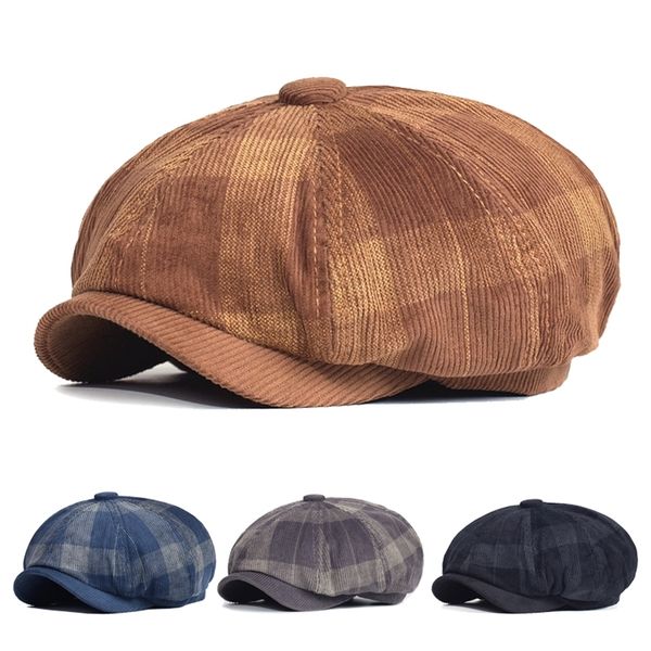 

autumn winter plaid thick sboy hat corduroy beret men women england gatsby retro hat driver flat cap 220819, Blue;gray