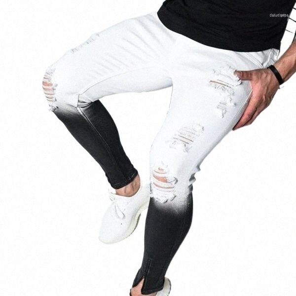 

hip hop jeams gradient color fashion ripped jeans pants men skinny pencil denim trousers slim fit streetwear1 e71t#, Blue