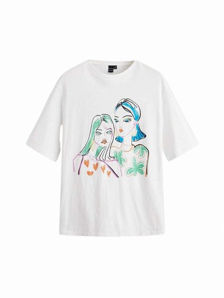 

women's t-shirt mod drop shoulder figure graphic tee 141s#, White