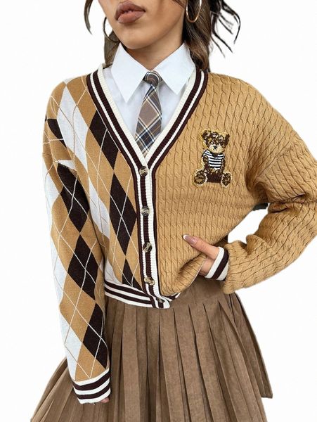 

argyle pattern striped trim bear patched drop shoulder cardigan f4qu#, White;black