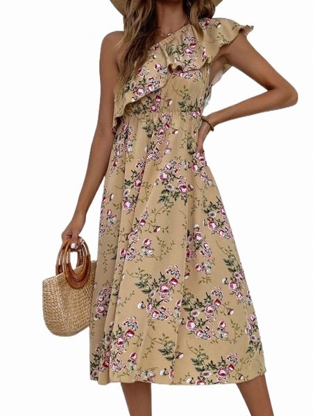 

allover floral ruffle asymmetrical one shoulder dress s9dc#, Black;gray