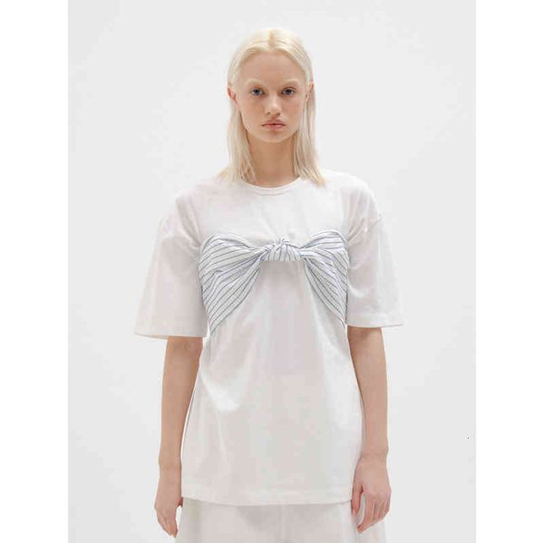 

women's hoodies sweatshirts eenk short sleeve women's spring summer chest stripe bow loose pullover white t-shirt casual simple wa, Black