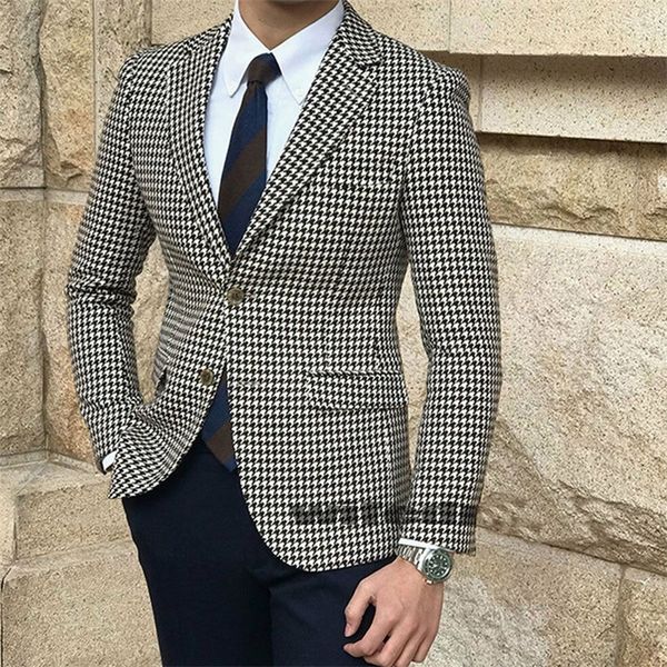 

houndstooth plaid casual blazer for men suit jacket with 2 side slit slim fit male coat fashion clothes arrival 220819, White;black