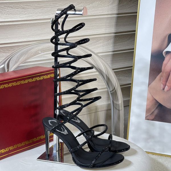 

snakelike twining sandals women summer thick heels the first layer of cowhide women designer luxury shoes quality, Black