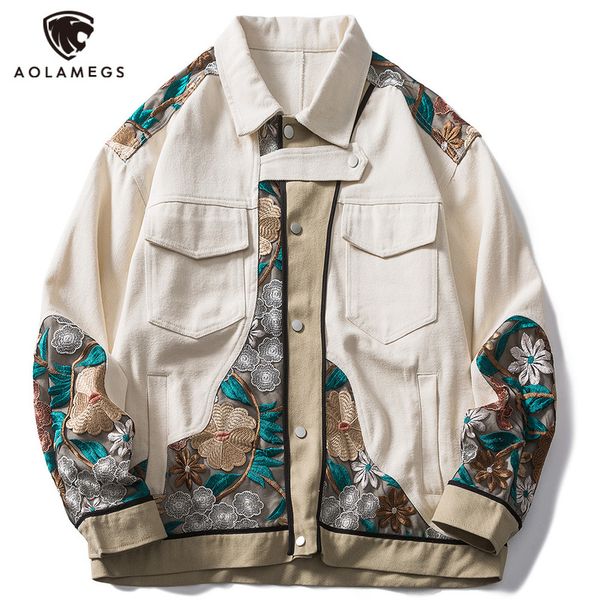 

aolamegs jackets men flower embroidery patchwork men s jacket casual varsity vintage windbreaker harajuku cozy streetwear 220818, Black;brown