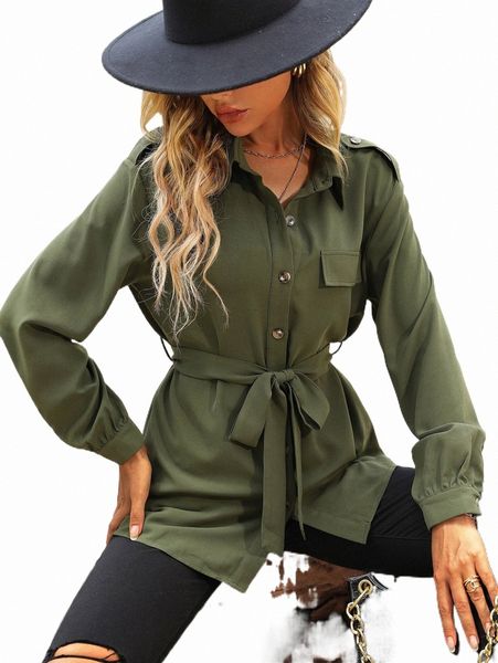 

women's blouses & shirts solid button front belted shirt n4zc#, White
