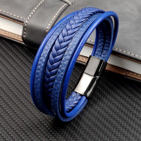

mingao titanium steel blue punk strand braided leather bracelet for men black magnet clasp bangle the vintage jewelry