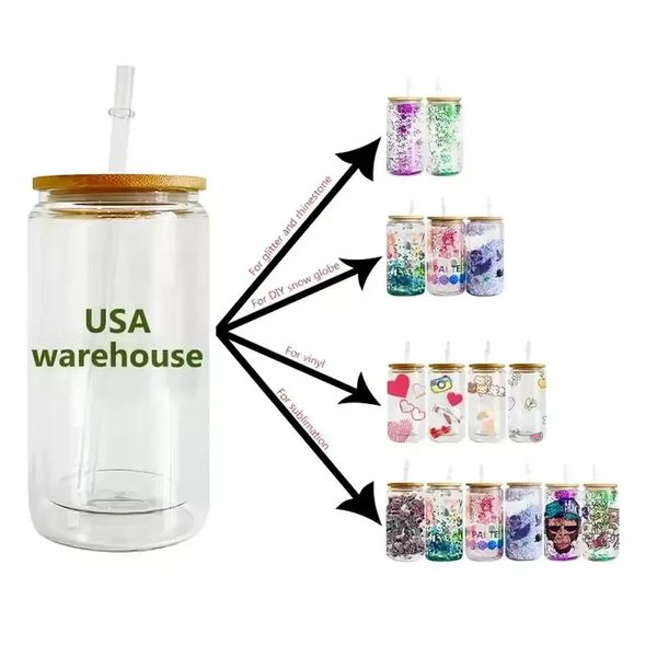 

us warehouse 12oz 16oz double/single wall sublimation glass tumblers beer mugs gradient ombre frosted cola can mason jar with bamboo lid and