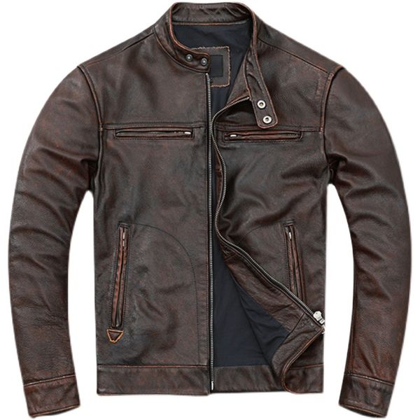 

retro distressed cowhide leather jacket men's real leather jacket motorcycle jacket youth slim fit unlined coat fashion 220819, Black;brown