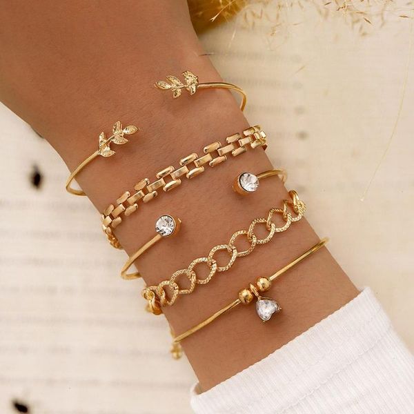 

trendy geometric link strands chain bracelet set for women rhinestones gold color leaves heart pendant open cuff bangle girls jewelry, Black