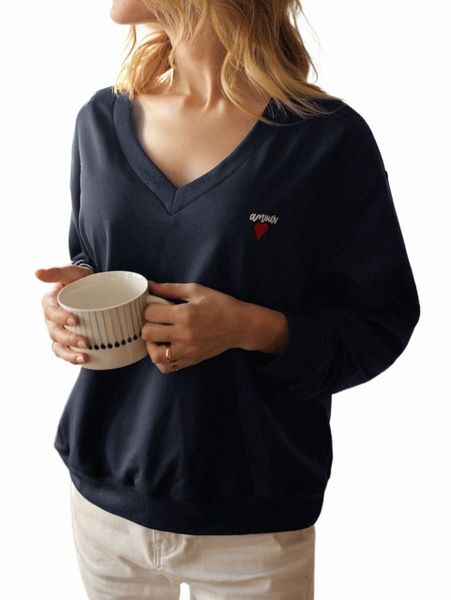 

frenchy letter & heart embroidery drop shoulder sweatshirt n35j#, Black
