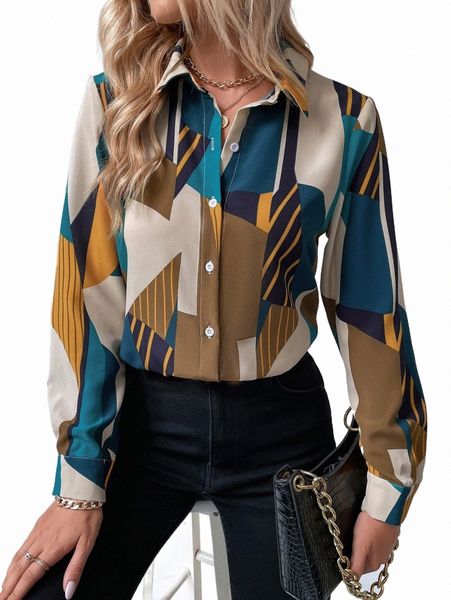 

women's blouses geo print button front shirt clothing rdggg#, White