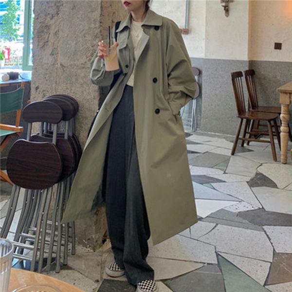 

2colors korean style women spring autumn windbreaker jacket vintage lady pockets long trench coats womens n0249 220818, Black;brown