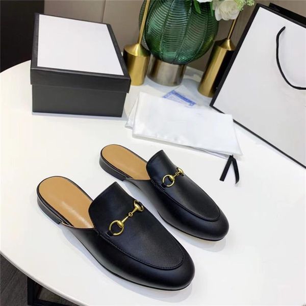 

2022 women princetown slippers mens loafers genuine leather cowhide sandals casual shoes metal buckle lace lazy slipper with box241v, Black
