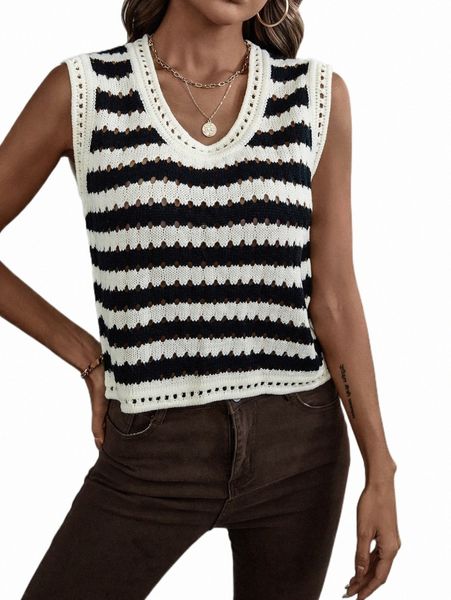 

striped pattern pointelle knit sweater vest b7wk#, White;black