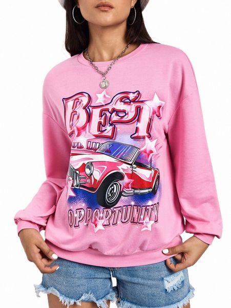 

car & letter graphic drop shoulder sweatshirt m3g9#, Black
