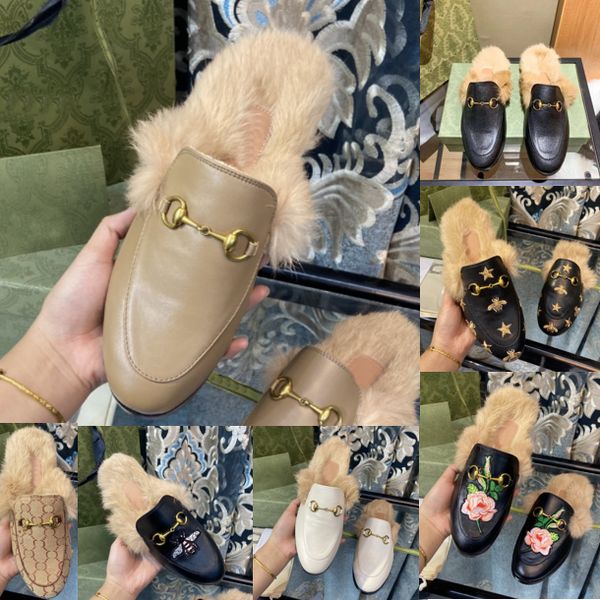 

designer slippers women loafers mules autumn winter warm wool slippers classic metal chain embroidery sandals leather half slipper pattern s, Black