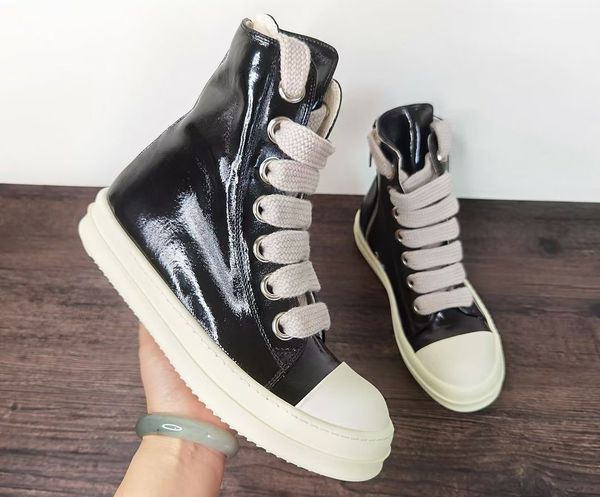 

2022 patent leather mage lace ramones trainer sneakers boots main line tpu sole jumbo lace high boot, Black