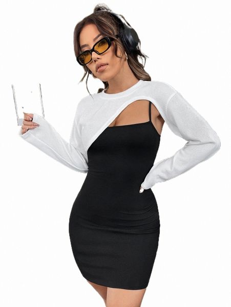 

solid cami bodycon dress & super crop f4dx#, White