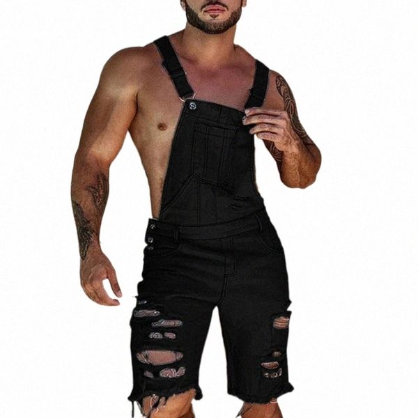 

men's jeans summer overalls solid color hole denim ripped shorts jumpsuits casual suspender pants slim fit x12e#, Blue