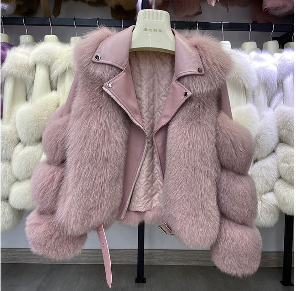 

designer clothing womens jackets furry brown cropped women real furs coat with fox fur winter fashion motocycle style fur leather jacket wom, Black
