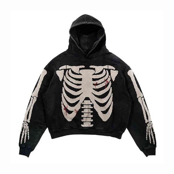 

men's hoodies skull print harajuku hip hop sweatshirt washed vintage pullovers jackets loose outerwear, Black