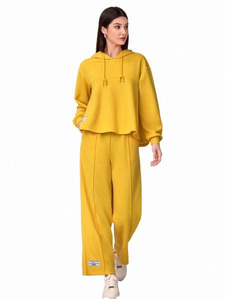 

drop shoulder drawstring hoodie & patched detail pants q5sl#, White