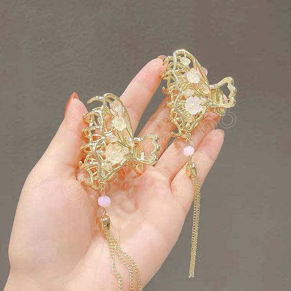 

luxury flower butterfly tassel metal hair claws women clamps hair jewelry accessories gift, Slivery;golden