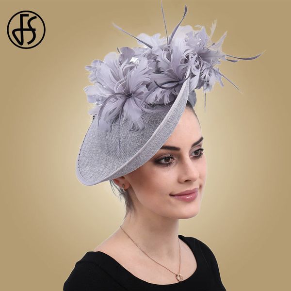 

fs fascinators grey church sinamay hat with feather fedora hats for women derby cocktail party bridal ladies church hats 220819, Blue;gray