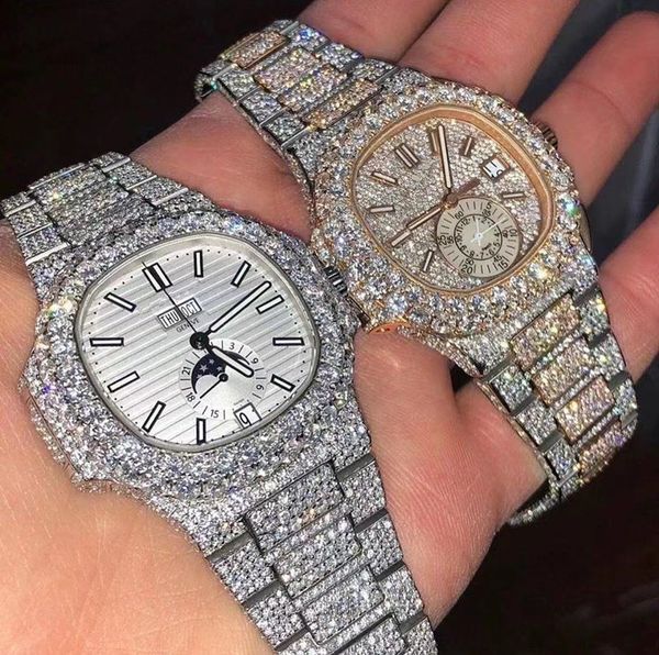 

mens luxury watches automatic moissanite iced watch for men movement womens watch men's montre homme diamond watchs wristwatches montre, Slivery;brown
