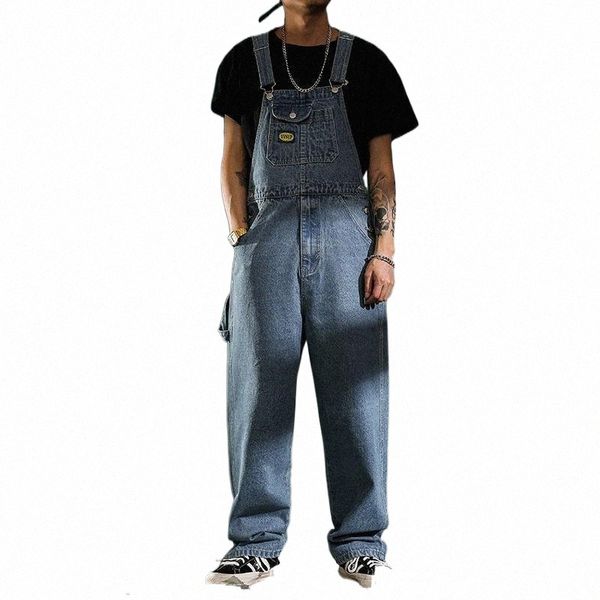 

men's jeans denim overalls men fashion jumpsuits solid suspender pants safari style loose straight leg baggy rompers x7ms#, Blue
