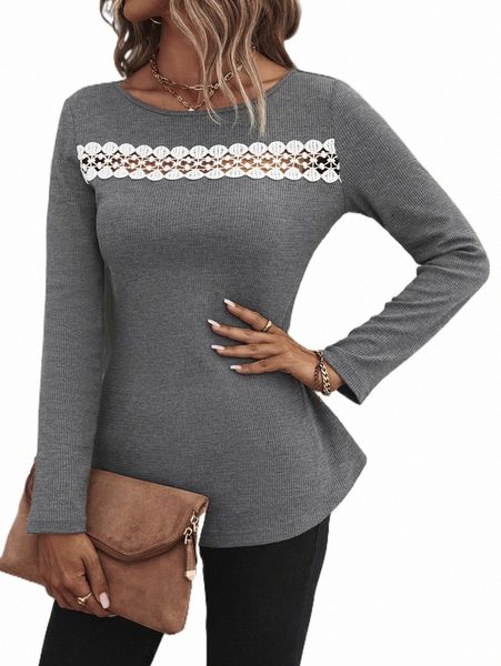 

women's t-shirt contrast guipure lace curved hem tee f7gf#, White