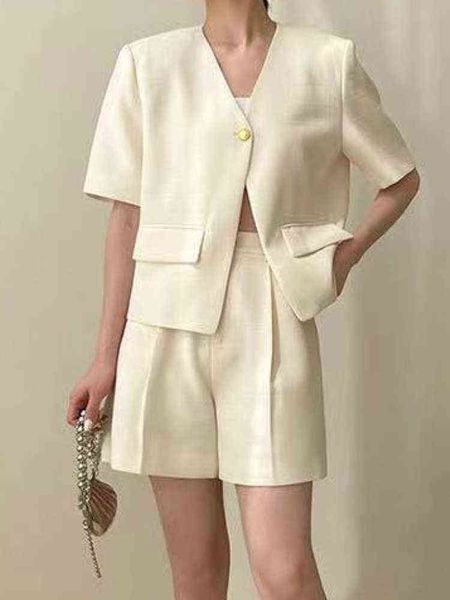 

women summer elegant blazer shorts suit office laides casual slim vintage jackets two pieces set femme fashion korean outfits j220813, White;black