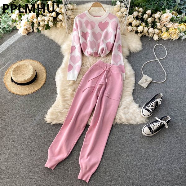 

knit love pinted 2 piece sets fall winter outfits women pearl beading long sleeve sweater harem pant suits korean tracksuit 220819, White