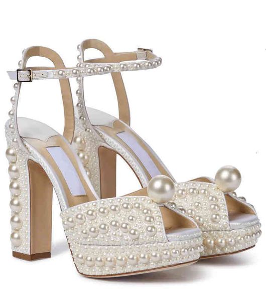 

box women with shoes luxury designer brand sandals sophisticated j.c white satin pearl sandal saracria 120mm peep toes platform chunky heel, Black