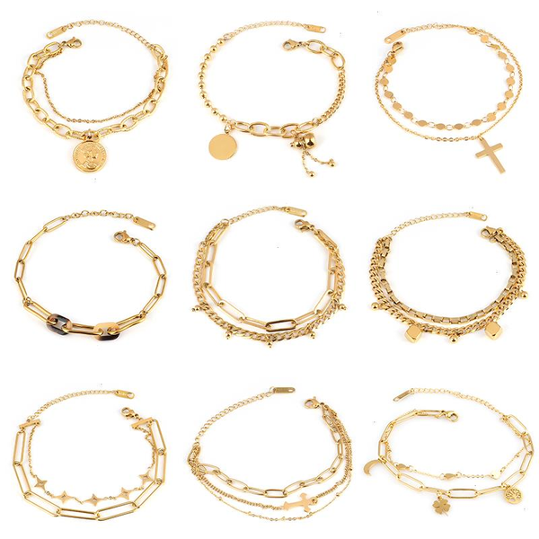 

stainless steel bracelet strand for women chain charm bracelets double layer coin pendant jewelry, Black