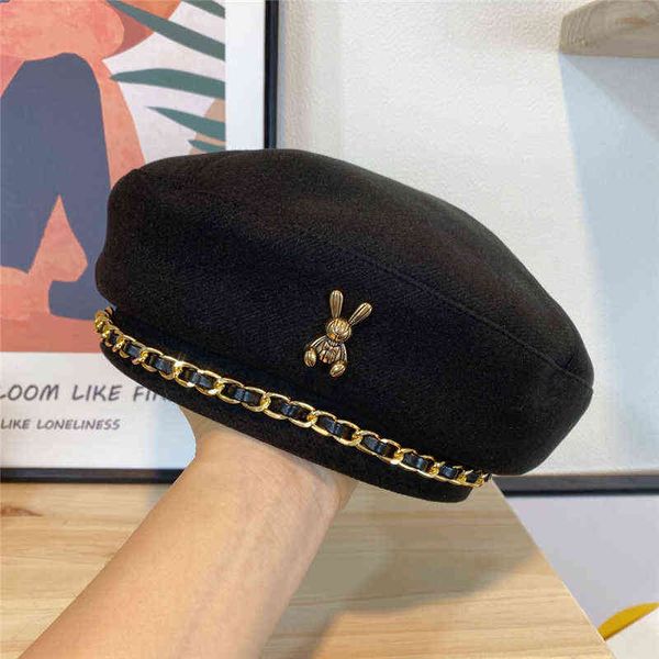 

bai cheng 2022 fashion designer beret womens cashmere hats chain beret cap lady outdoor travel warm winter windproof vacation bonnet caps, Blue;gray