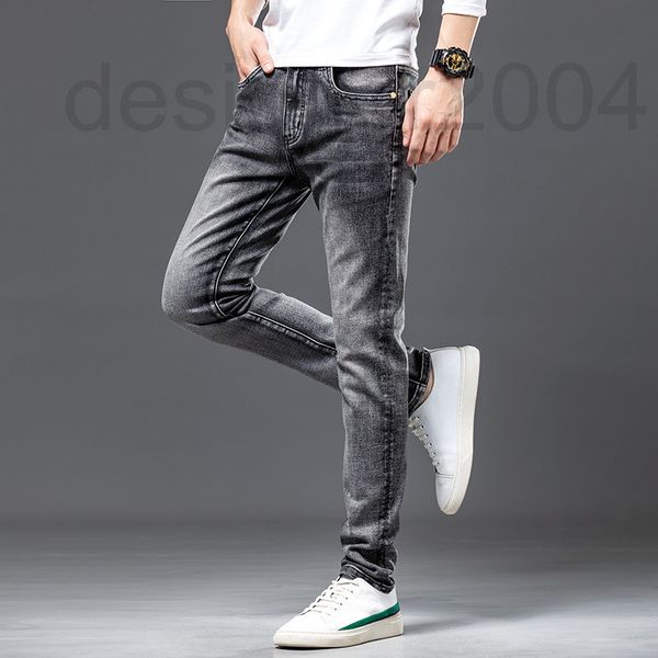 

men's jeans designer fashion brand embossed high-end jeans men's cigarette gray straight tube slim fit elastic fashion light luxur, Blue