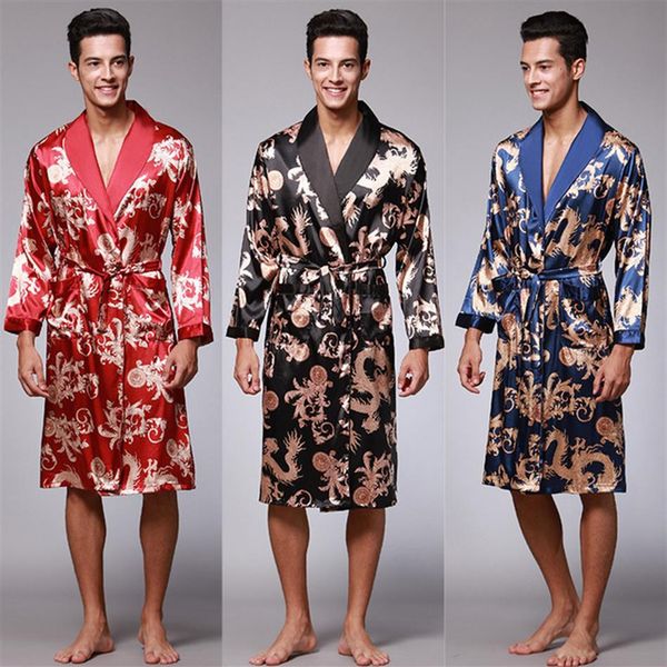 

plus size mens bathrobe silk kimono sleepwear long sleeve robes dressing gown print satin pajamas men night peignoir homme246a, Black;brown