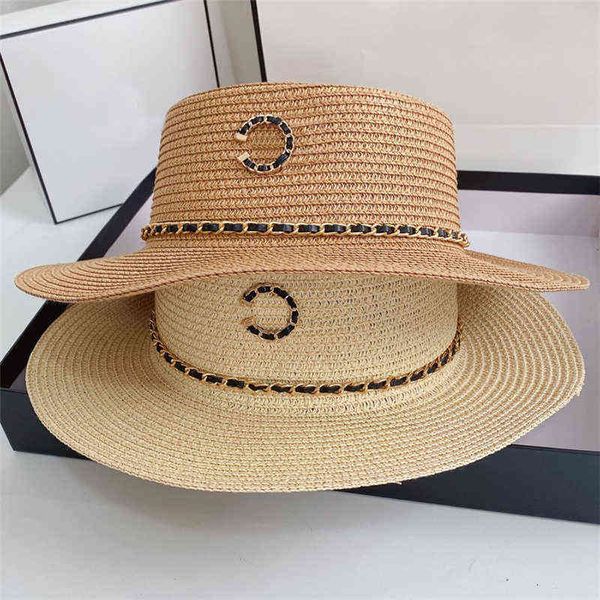 

bai cheng summer womens designer straw hat fashion designers sunhat for woman man brand chain flat bucket hats casquette grass braid sun hat, Blue;gray