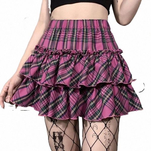 

skirts sweet high waist plaid pleated ruffle a-line cake mini skirt streetwear summer cute punk casual student uniform 55ya#, Black