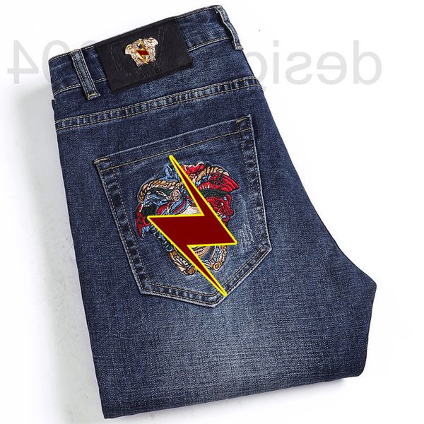 

men's jeans designer a2021 spring and summer fashion brand new medusa embroidered jeans men's elastic slim small foot straight tub, Blue