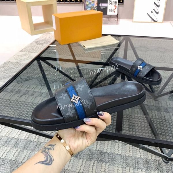 

2022 summer luxury sandals shoes calfskin leather men slippers slip on beach slide flats flip flops sandalias size38-45, Black