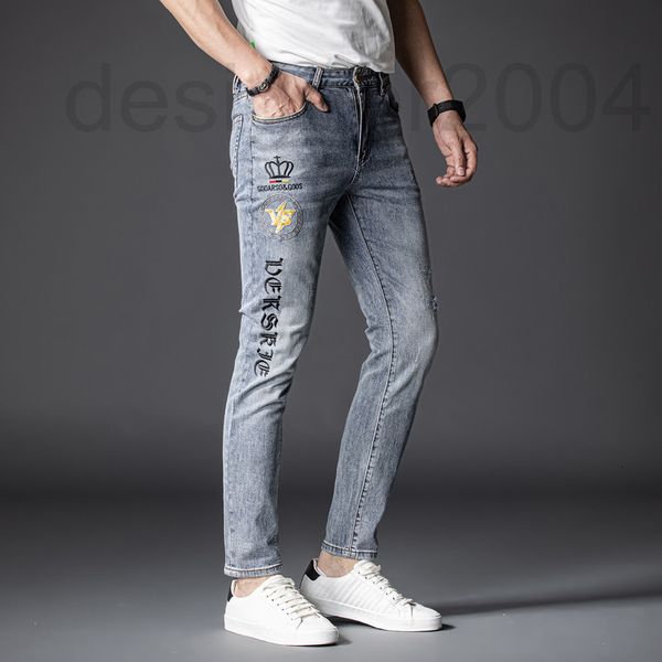 

men's jeans designer fashionable men's jeans spring and summer style high-end pants embroidery light luxury slim fit elastic small, Blue