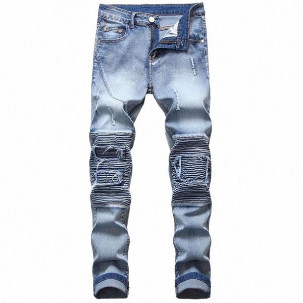 

ripped skinny jeans men brand biker stretch for with hole patched distressed calca masculina demin pants men's 48w7#, Blue
