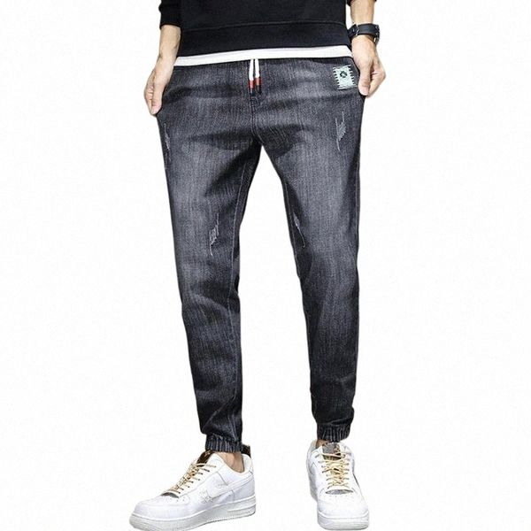 

men's jeans fashion brand loose straight elastic waist drawstring trend casual trousers with feet high-end g7ka#, Blue