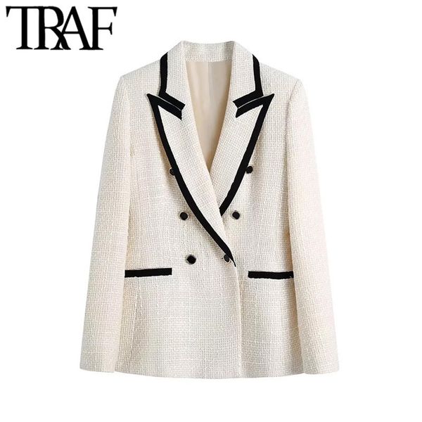 

traf women fashion with contrast piping tweed blazer coat vintage long sleeve pockets female outerwear chic veste femme 220308, White;black