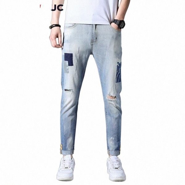 

hip hop jeans casual pants autumn sweatpants streetwear male trousers moownuc hole denim for men slim designer straight men's z0sf#, Blue