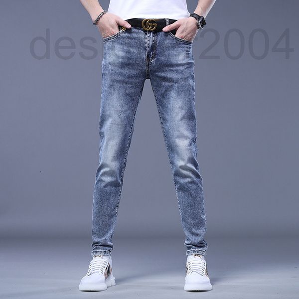 

men's jeans designer trendy jeans men's style summer thin fashion new slim fit small feet casual light pants egfl, Blue